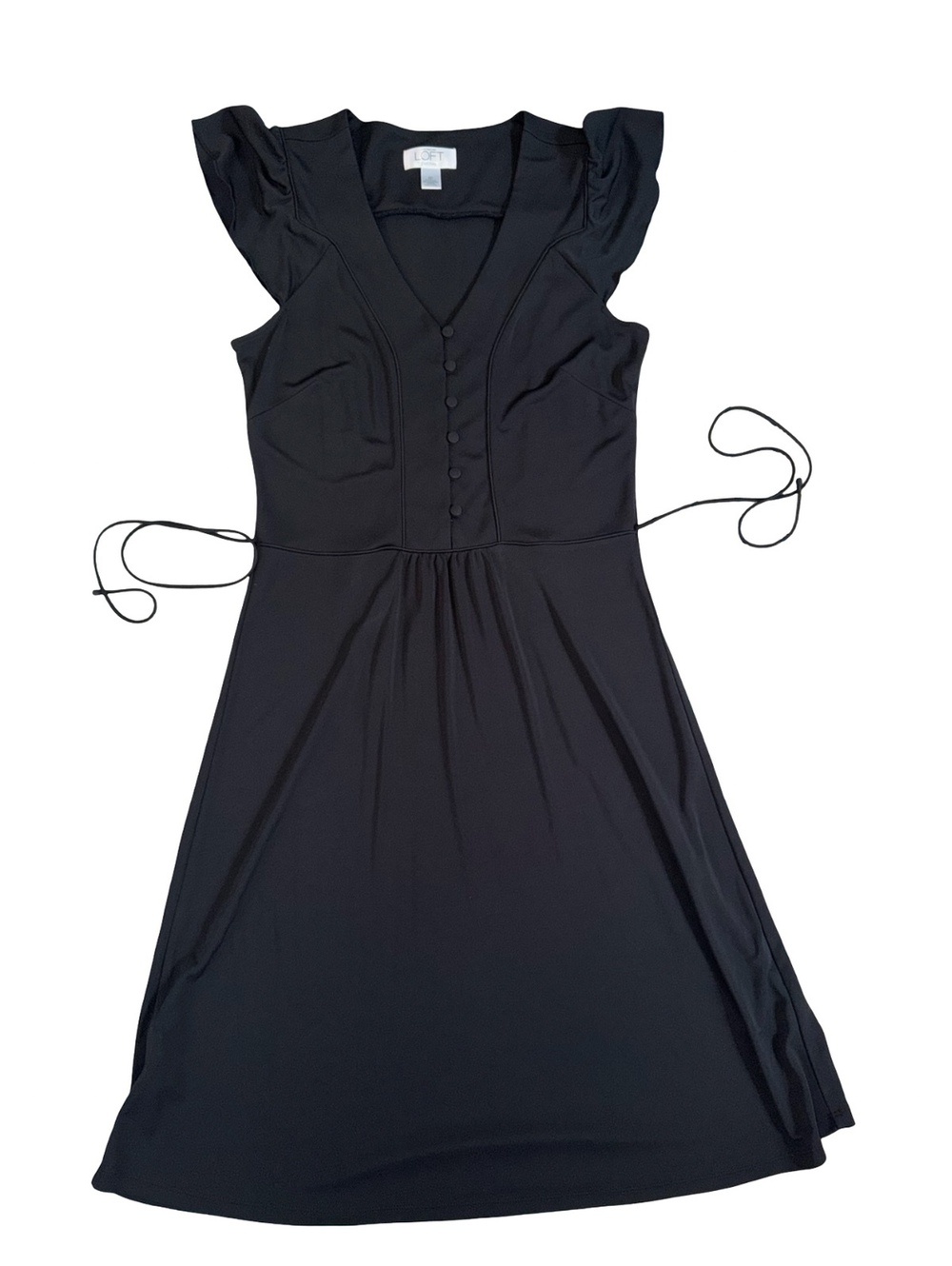 LOFT Women’s Black Dress Size 6P Petite Ruffle Sleeve Tie Waist V-Neck Y2K